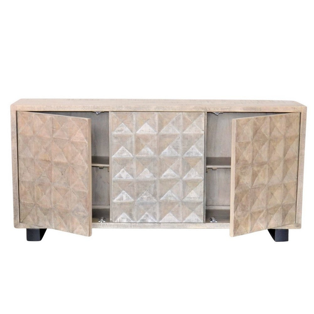 Indian Whitewash Wooden 3-Door Sideboard With Iron Base - Berbere Imports