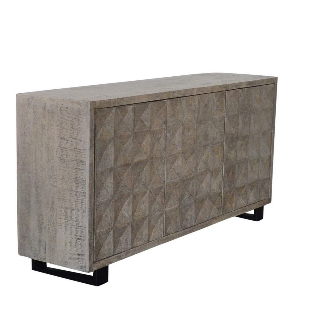 Indian Whitewash Wooden 3-Door Sideboard With Iron Base - Berbere Imports