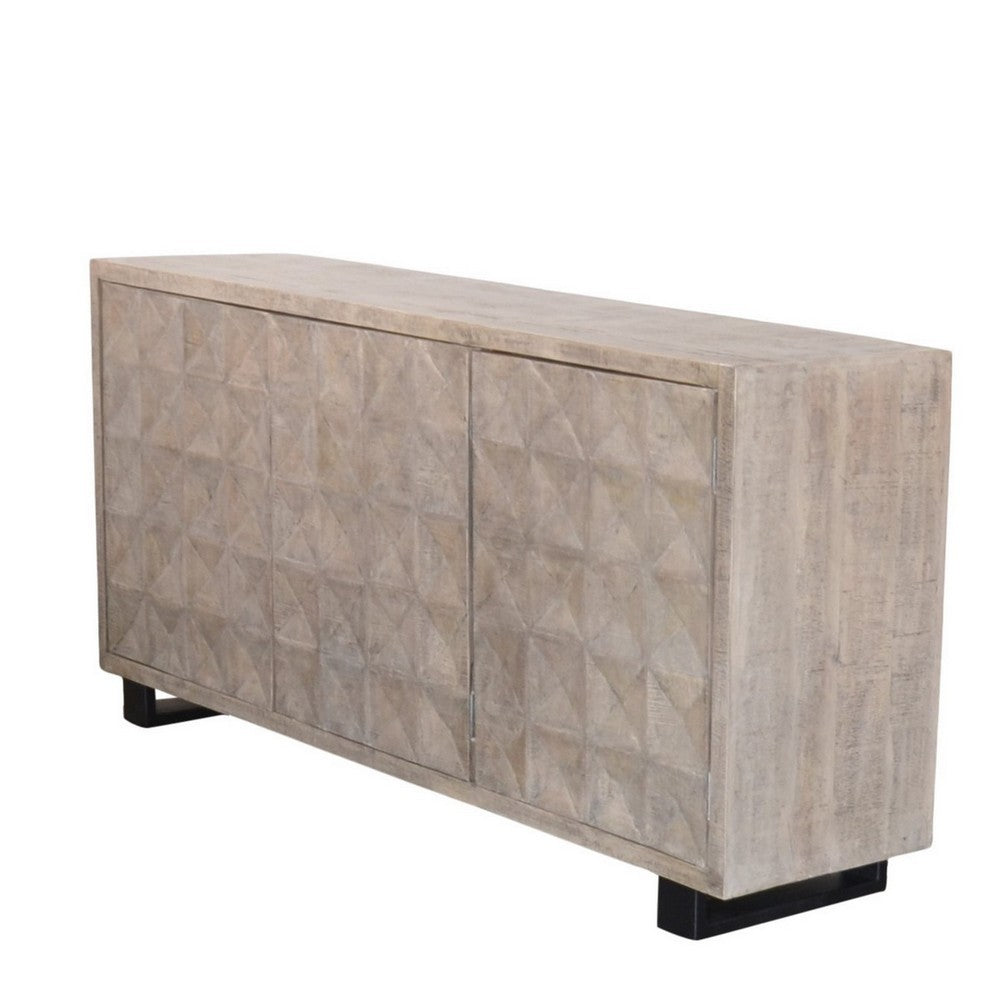 Indian Whitewash Wooden 3-Door Sideboard With Iron Base - Berbere Imports