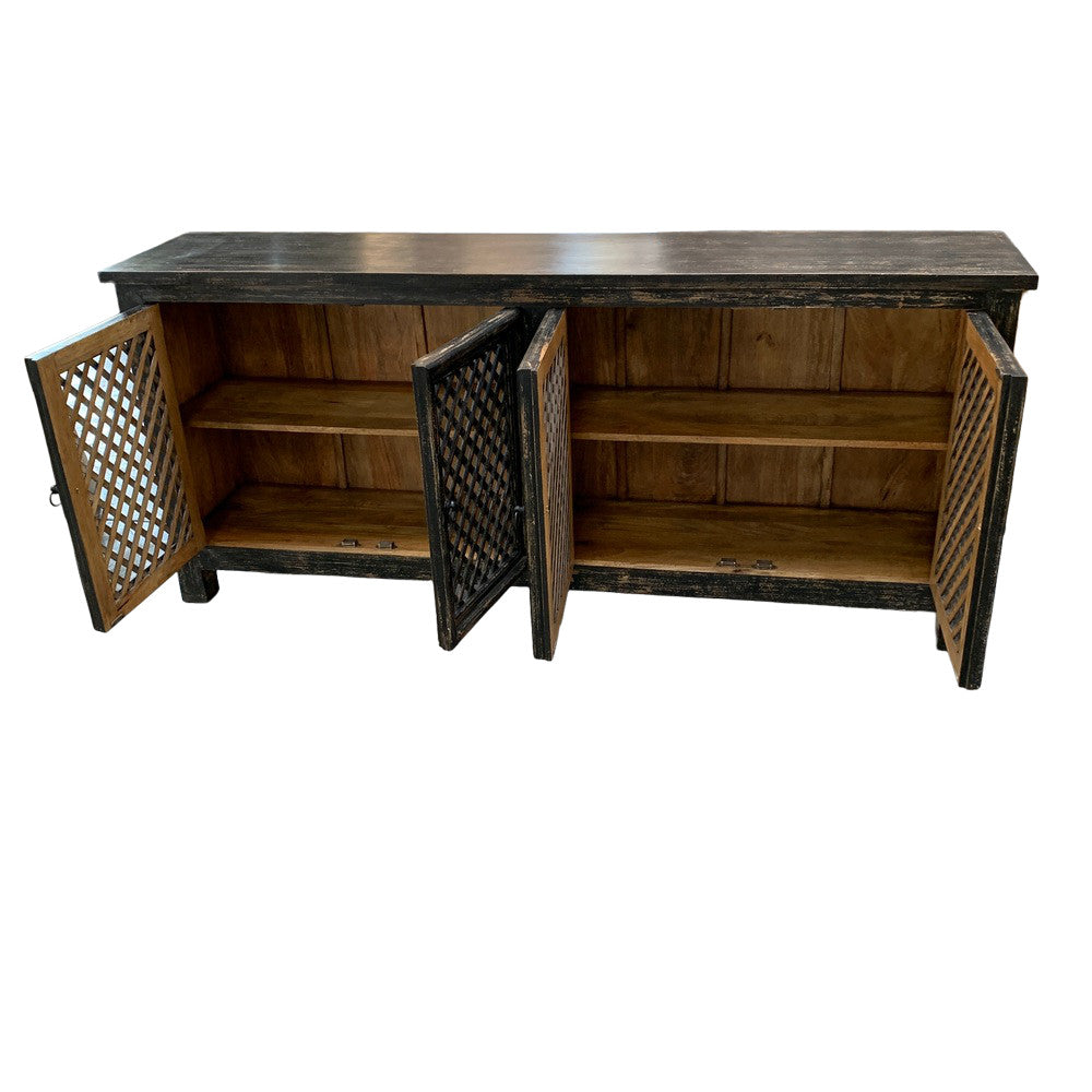 Distressed Black 4-Lattice-Door Sideboard - Berbere Imports