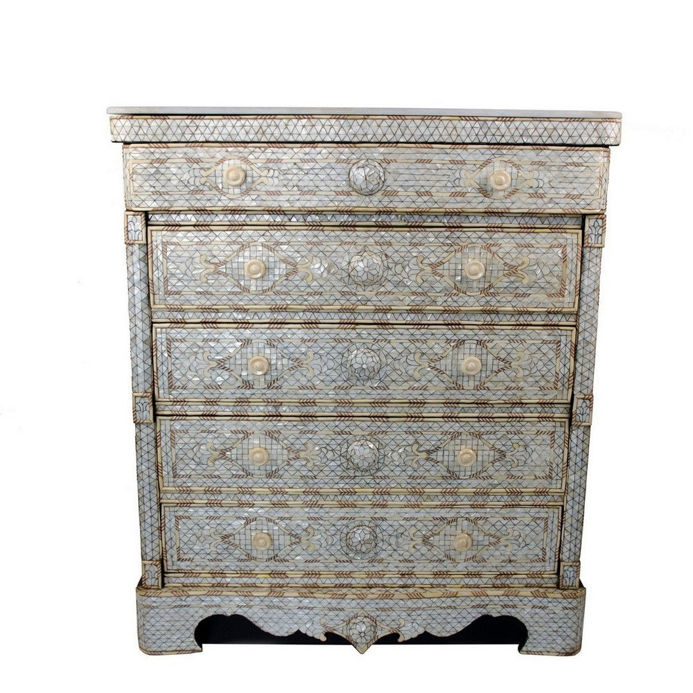 Syrian 5-Drawer Mother Of Pearl Inlay Dresser W/Marble Top - Berbere Imports