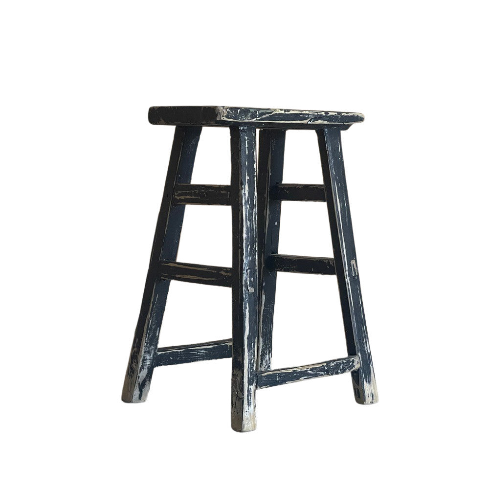 Rustic Chinese Elm Wood Stool - Distressed Finish - Berbere Imports