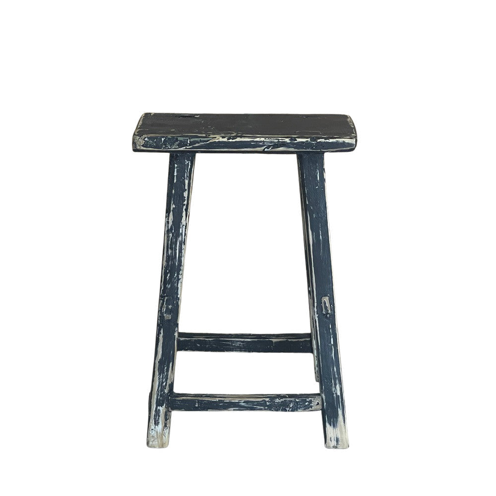 Rustic Chinese Elm Wood Stool - Distressed Finish - Berbere Imports