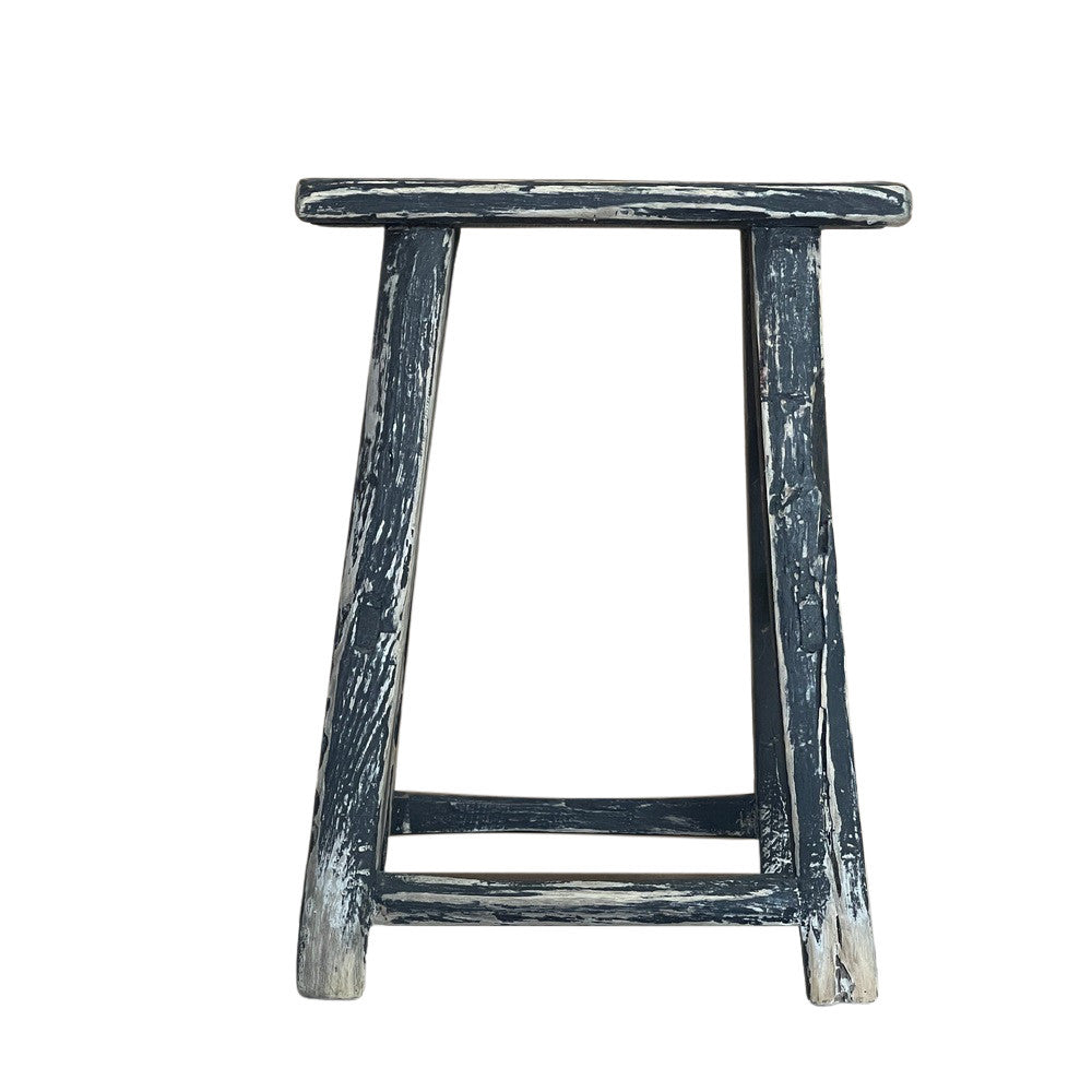 Rustic Chinese Elm Wood Stool - Distressed Finish - Berbere Imports