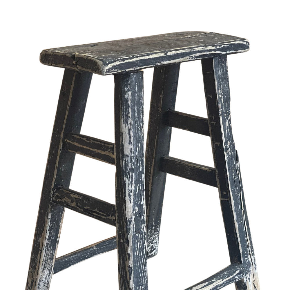 Rustic Chinese Elm Wood Stool - Distressed Finish - Berbere Imports