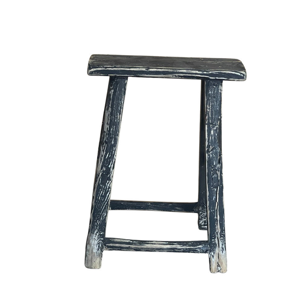 Rustic Chinese Elm Wood Stool - Distressed Finish - Berbere Imports