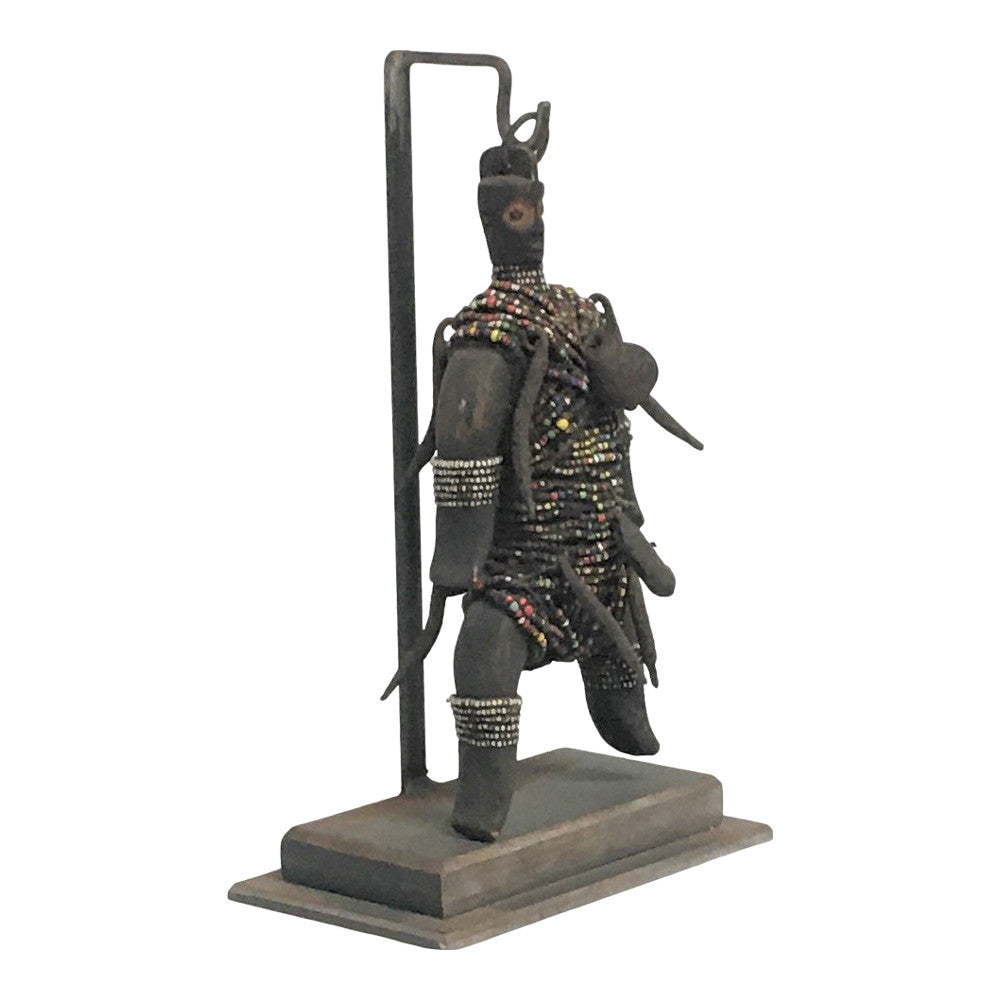 African Wooden Tribal Man On Custom Iron Stand - Berbere Imports