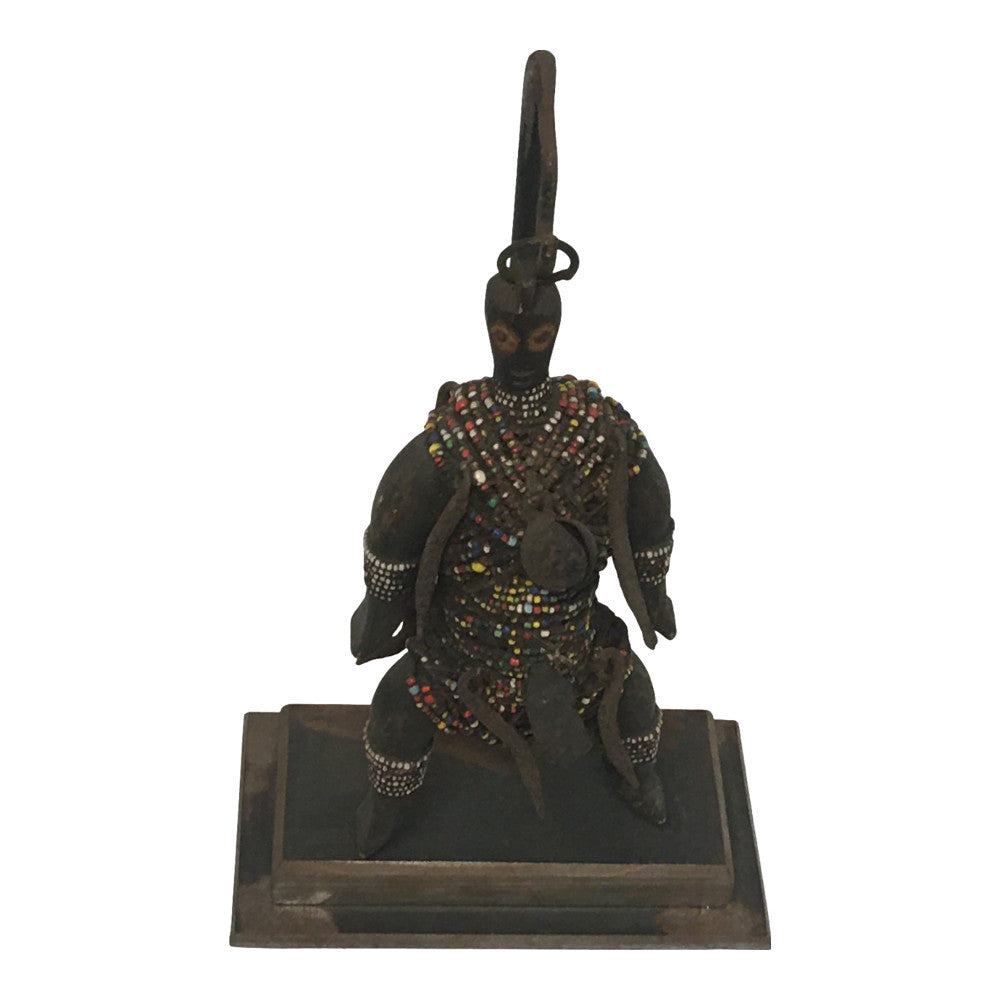 African Wooden Tribal Man On Custom Iron Stand - Berbere Imports