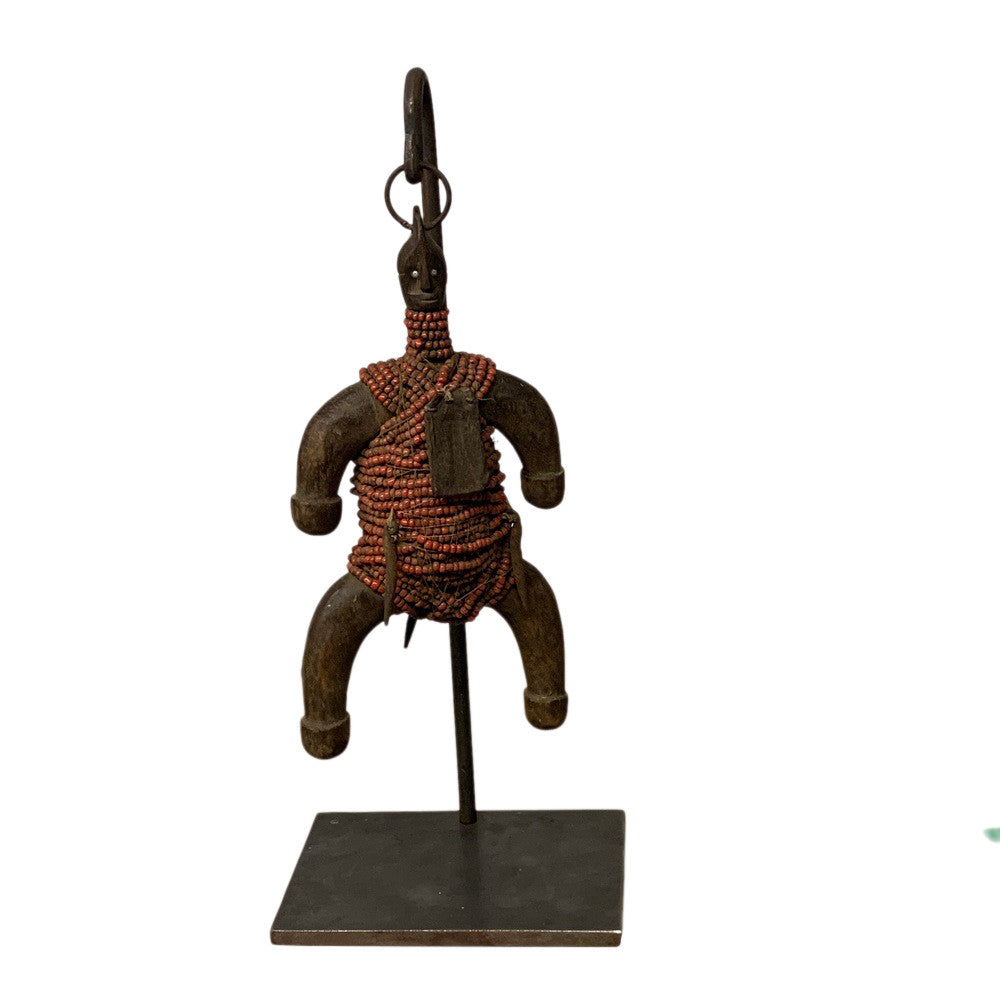 African Wooden Tribal Man On Custom Iron Stand - Berbere Imports