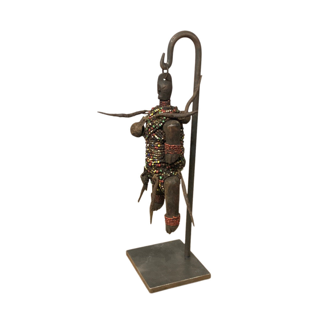 African Wooden Tribal Man On Custom Iron Stand - Berbere Imports