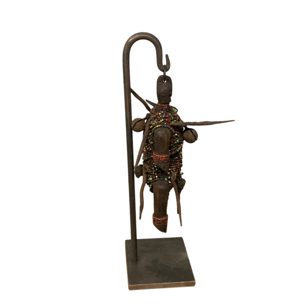 African Wooden Tribal Man On Custom Iron Stand - Berbere Imports