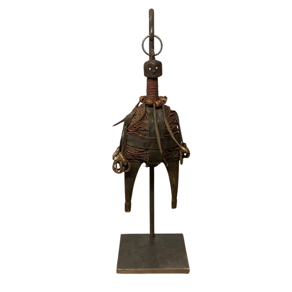 African Wooden Tribal Man On Custom Iron Stand - Berbere Imports