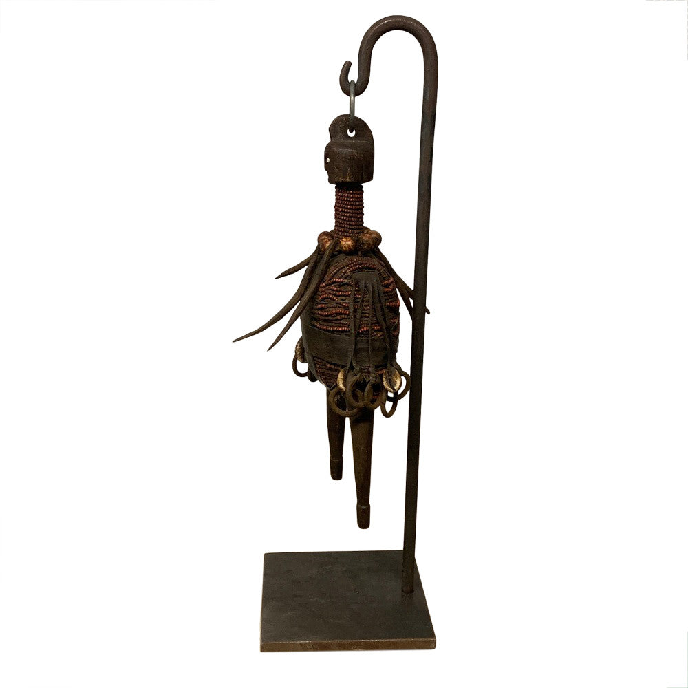 African Wooden Tribal Man On Custom Iron Stand - Berbere Imports