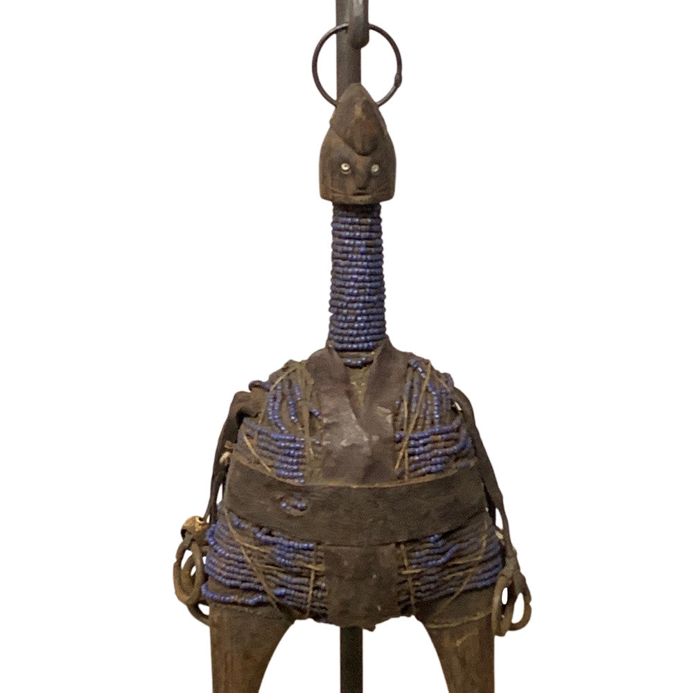 African Wooden Tribal Man On Custom Iron Stand - Berbere Imports