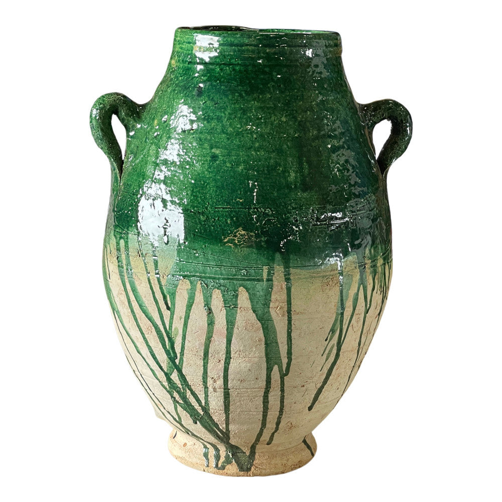 Moroccan Green Half Glazed 2-Handle Terracotta Vessel - Berbere Imports