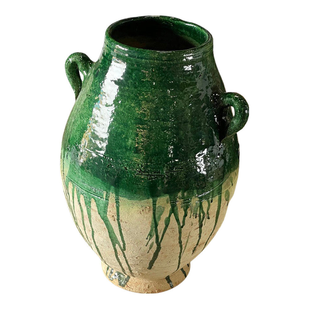 Moroccan Green Half Glazed 2-Handle Terracotta Vessel - Berbere Imports