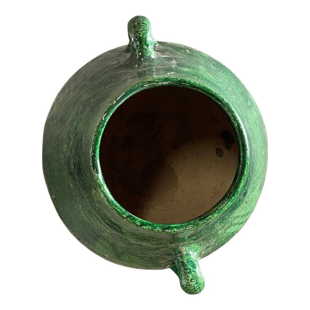 Moroccan Green Half Glazed 2-Handle Terracotta Vessel - Berbere Imports