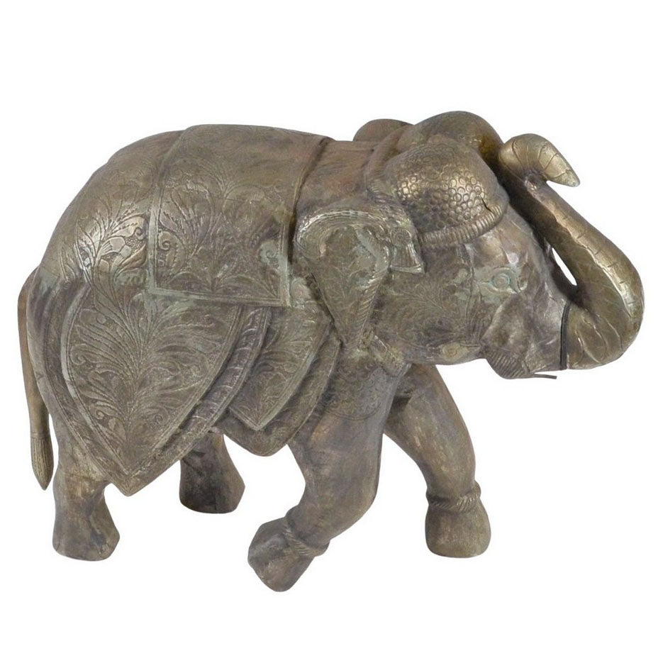 Vintage Indian Wooden Elephant W/ Embossed Metal - Berbere Imports