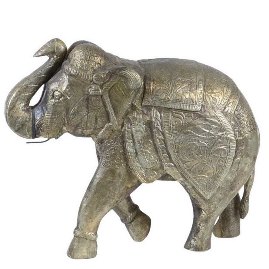 Vintage Indian Wooden Elephant W/ Embossed Metal - Berbere Imports