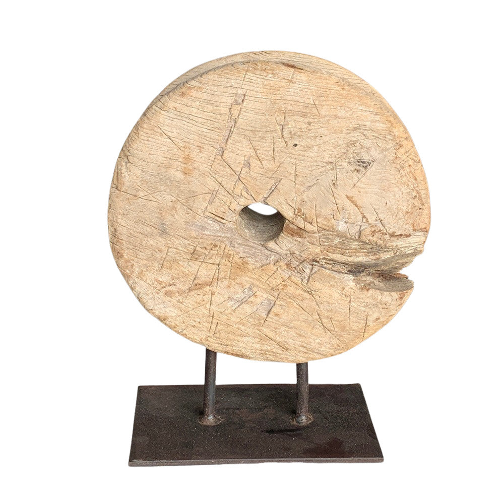 Antique Wooden Wheel On Metal Stand - Berbere Imports