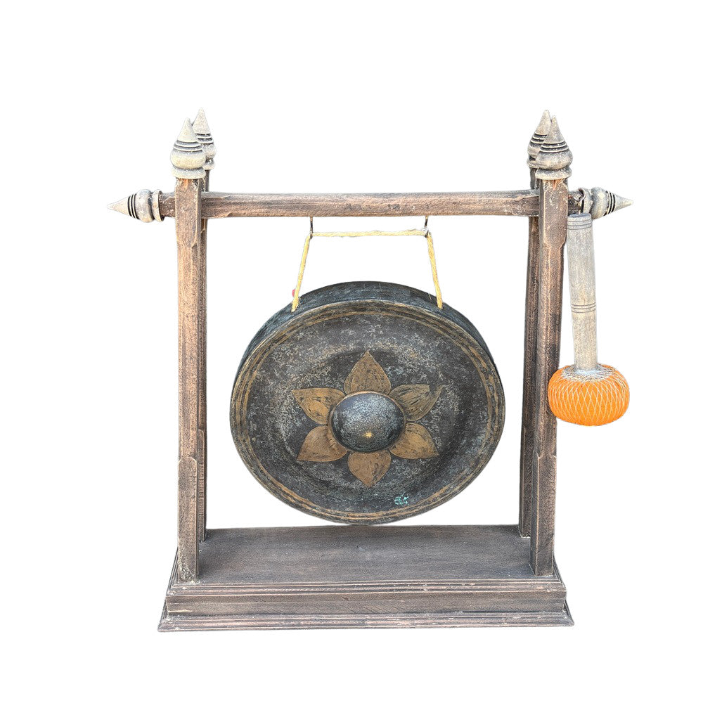 Vintage Thai Metal Gong On Wooden Stand - Small - Berbere Imports