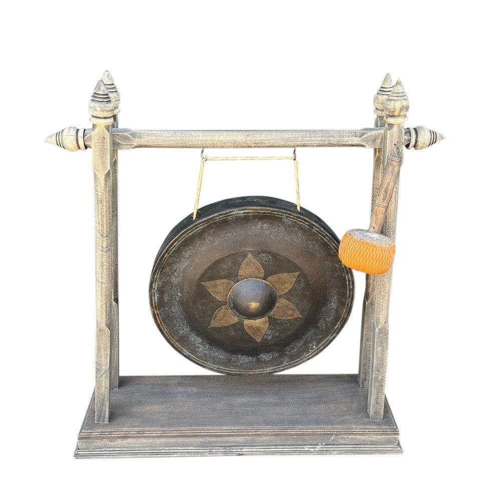 Vintage Thai Metal Gong On Wooden Stand - Medium - Berbere Imports