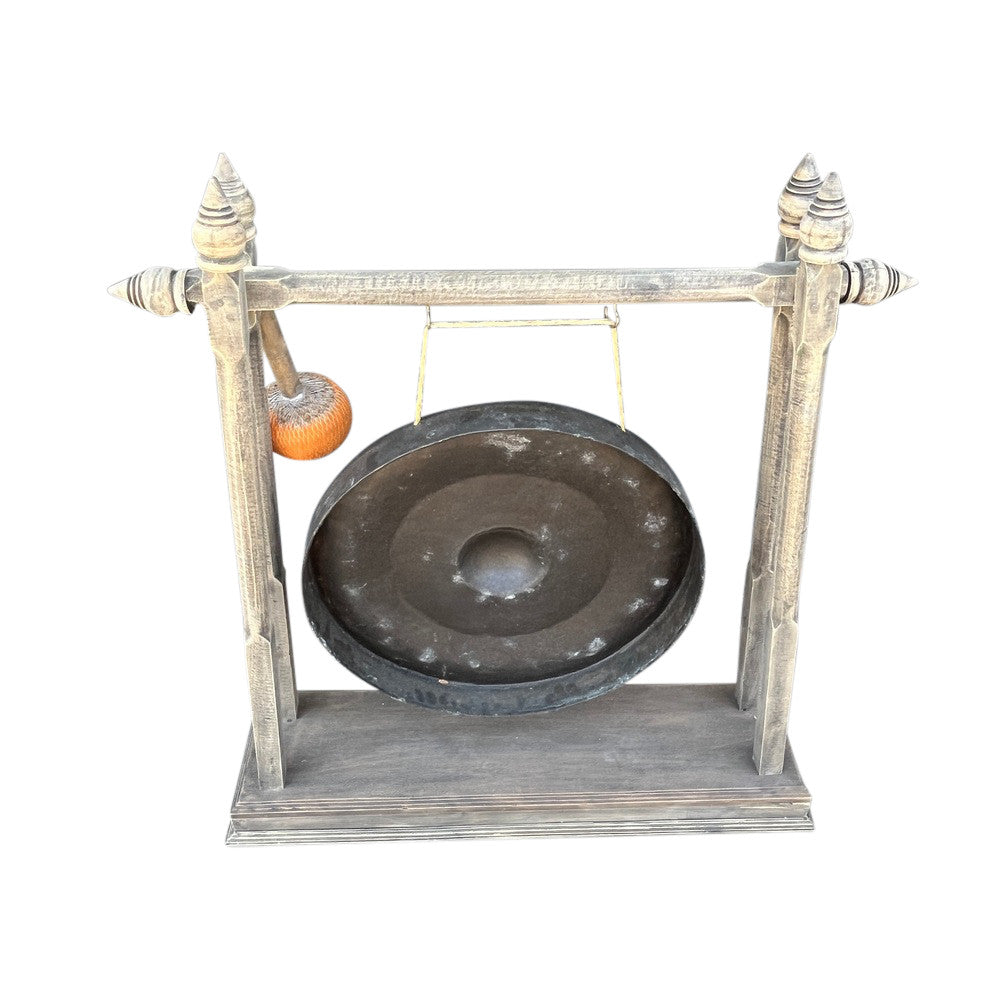 Vintage Thai Metal Gong On Wooden Stand - Medium - Berbere Imports