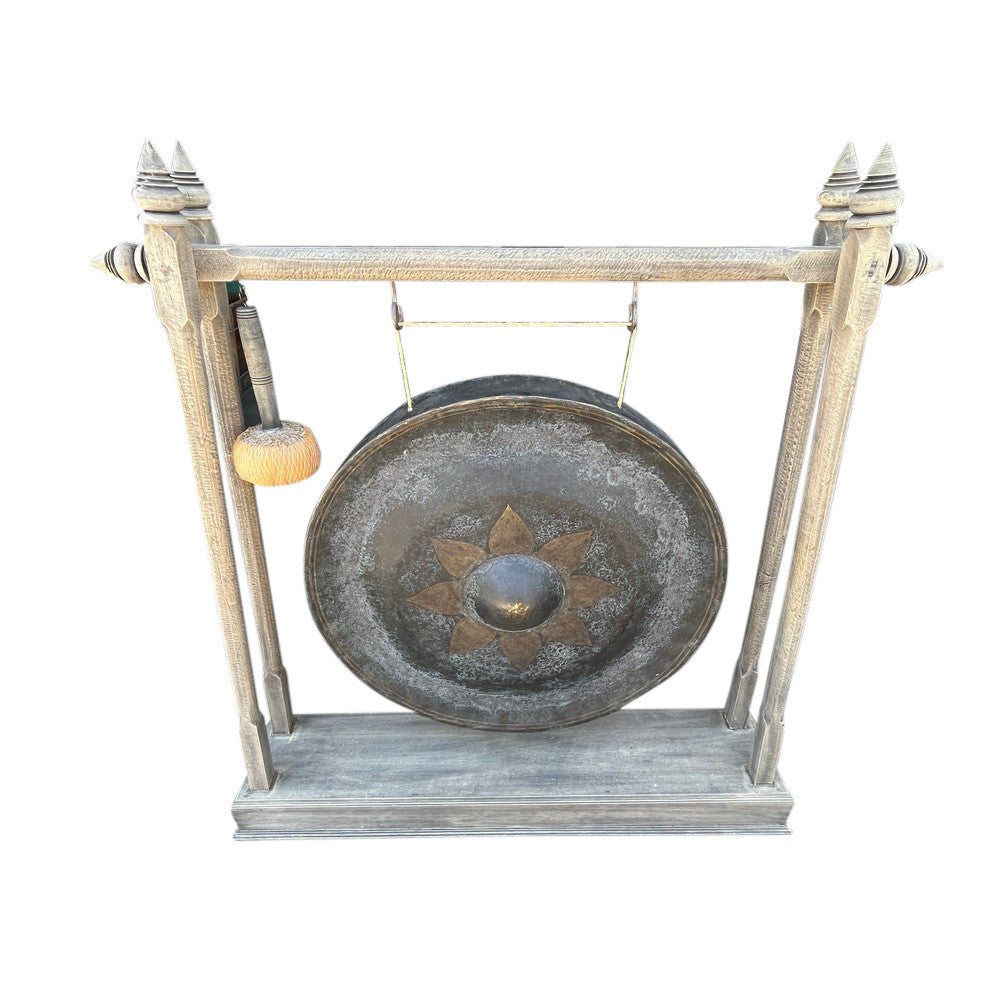 Vintage Thai Metal Gong On Wooden Stand - Large - Berbere Imports