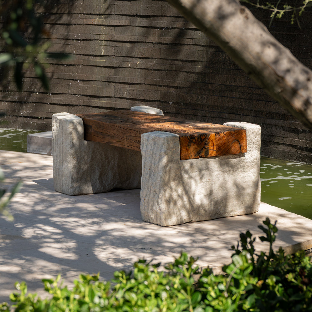 Reclaimed Wood And Stone Bench - Berbere Imports